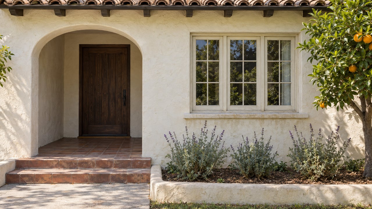 Cream stucco house with a recessed arched porch, weathered clay tiles, oak door, and wood-framed window beside an orange tree.