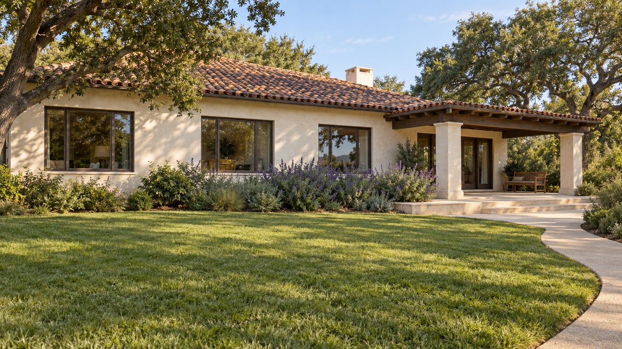 A broad lawn leads to an ivory stucco home with a terracotta roof, shaded stone terrace and two mature live oaks.