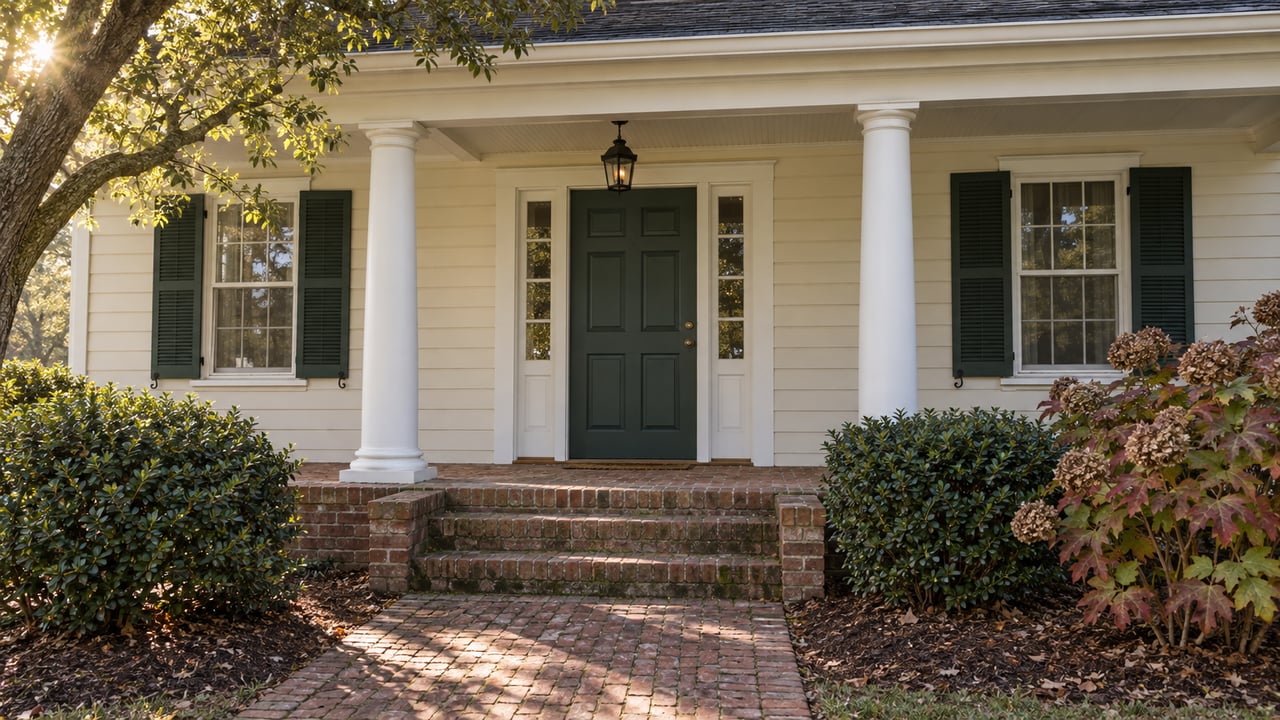 Cream clapboard house with a green front door, brick steps, clipped shrubs, and an oak crown overhead.