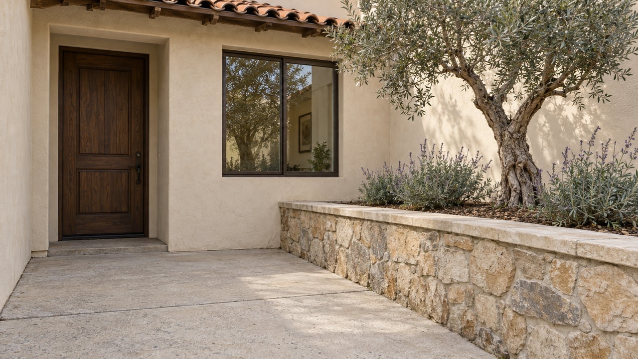 Cream stucco home entrance with a dark wood door, clay tile eave and a mature olive in a raised stone planter beside a pale concrete path.
