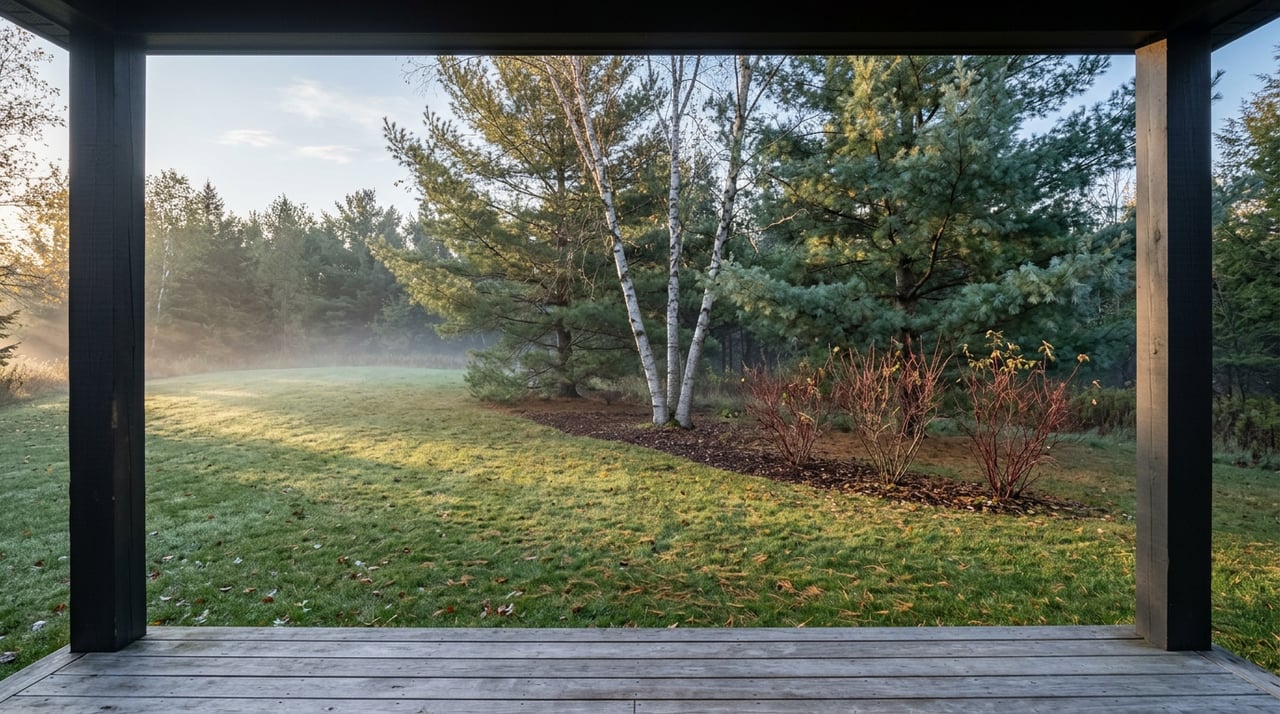 Sloping lawn seen from a covered cedar deck, with mist, red-twig dogwood, birch trunks, and white pines.