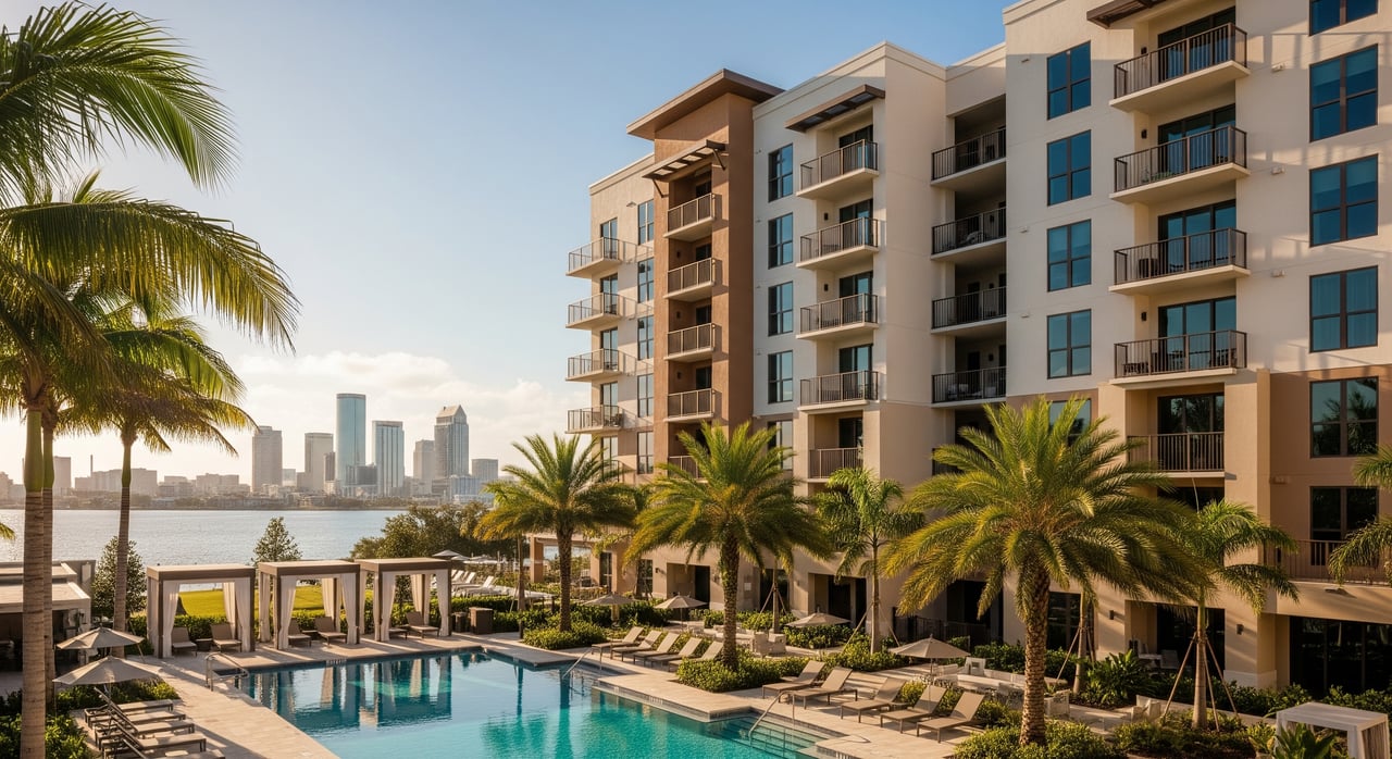 Modern apartment building and palm-lined pool overlook a waterfront city skyline.