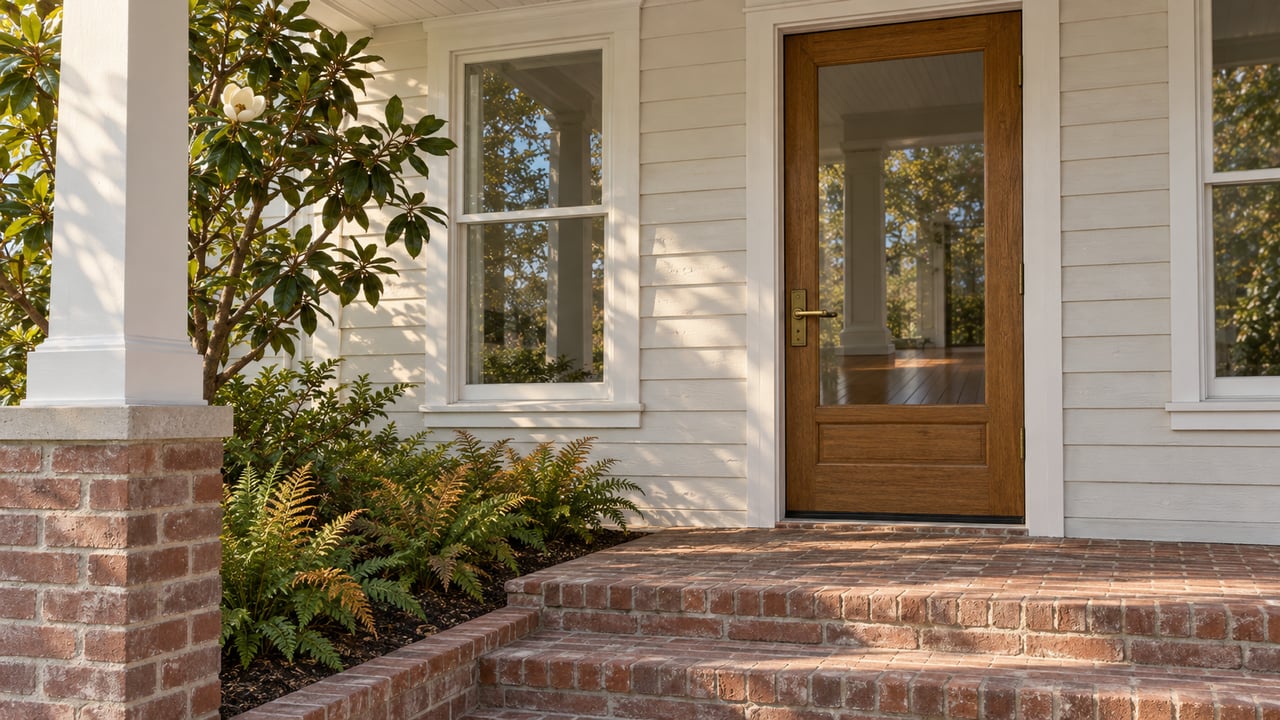 White clapboard townhome entrance with an oak glazed door, brick steps, and a magnolia beside the covered porch.