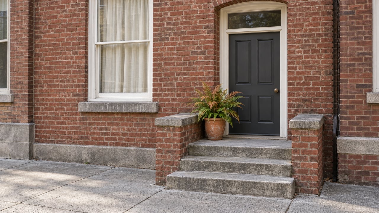 Brick home entry with a charcoal door, white sash window, worn limestone stoop and a terracotta fern pot.