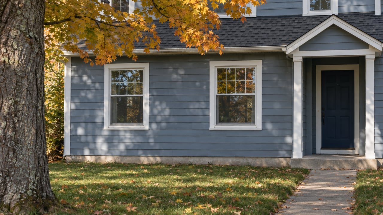 Blue-gray two-story house with white-trimmed windows, recessed entry, and a gold-orange maple branch.