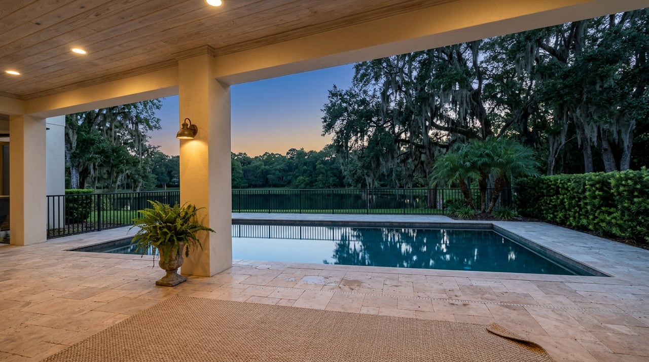Covered lanai opening onto a still pool, with warm-lit columns, travertine decking, and moss-draped oaks at dusk.