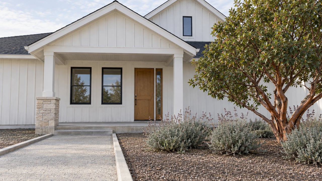 Morning light on a white gabled home with an oak entry door, covered concrete porch, and a sculptural strawberry tree beside the front walk.