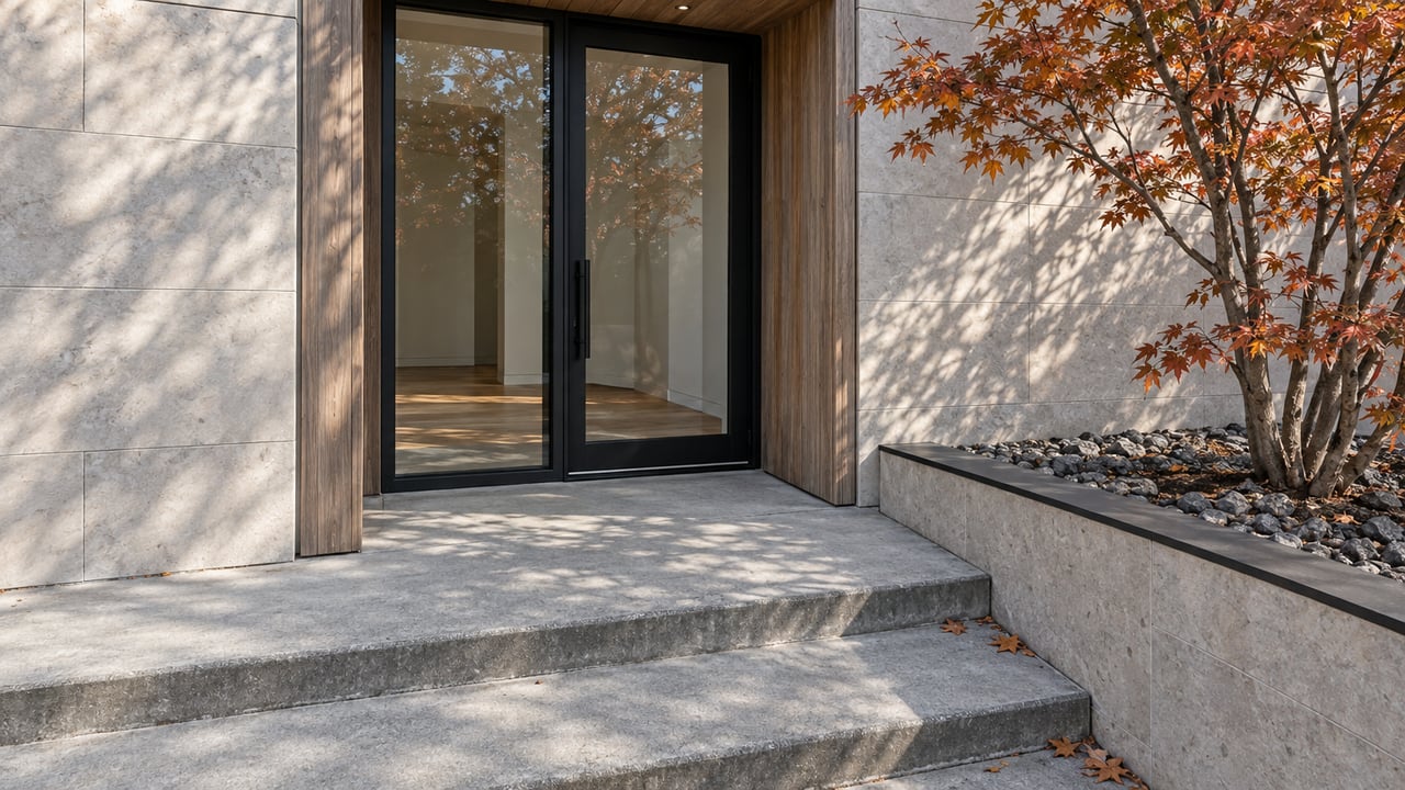Contemporary limestone and timber entrance with closed glass doors, broad concrete steps and a small autumn maple in a raised stone planter.