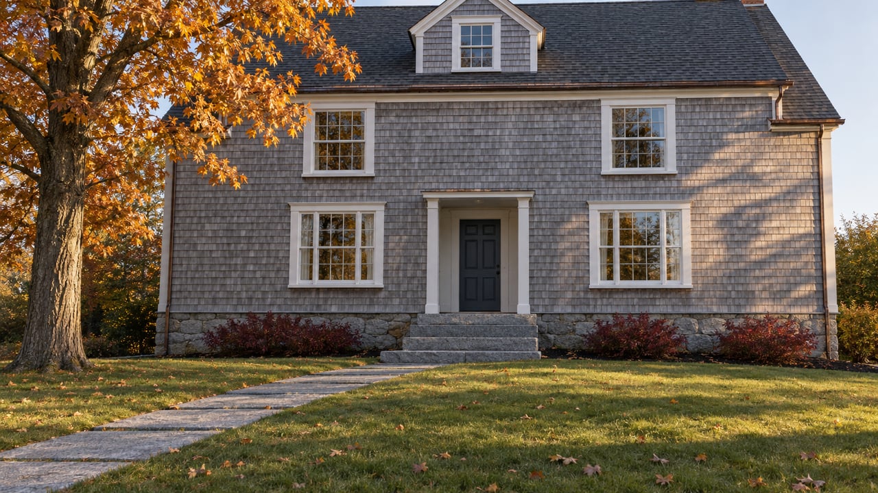 Weathered cedar-shingle house with white sash windows, granite steps and a deep lawn beneath a golden maple in autumn afternoon light.