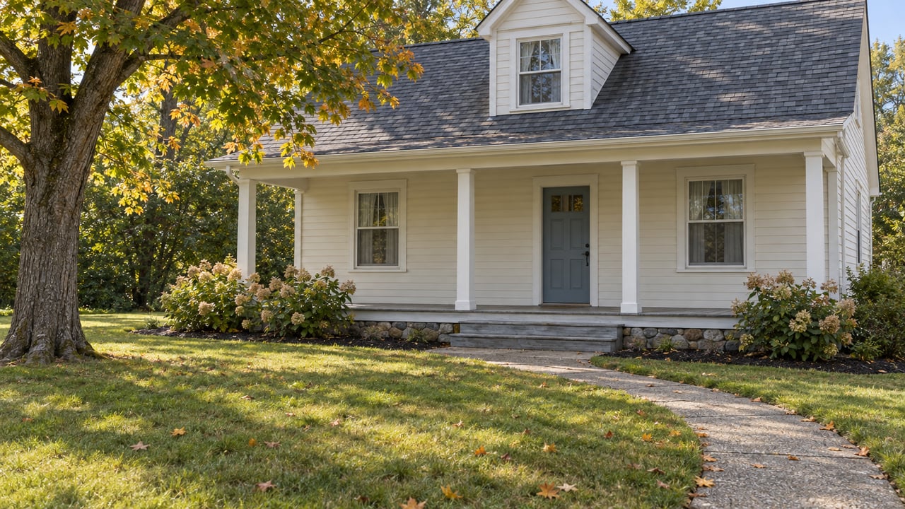 Ivory clapboard cottage with a covered porch, blue front door and gently curving concrete walk across an early-autumn lawn.