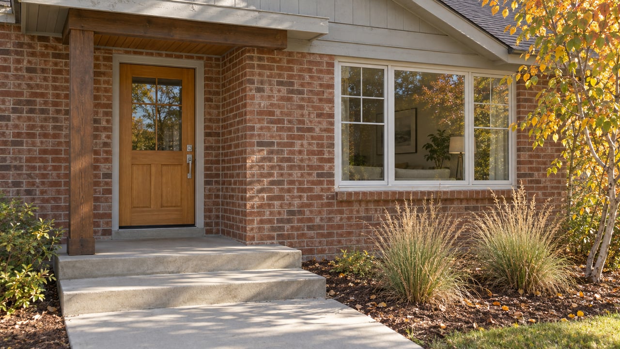 Morning light on a brick home's covered timber entry, concrete steps and autumn serviceberry planting.