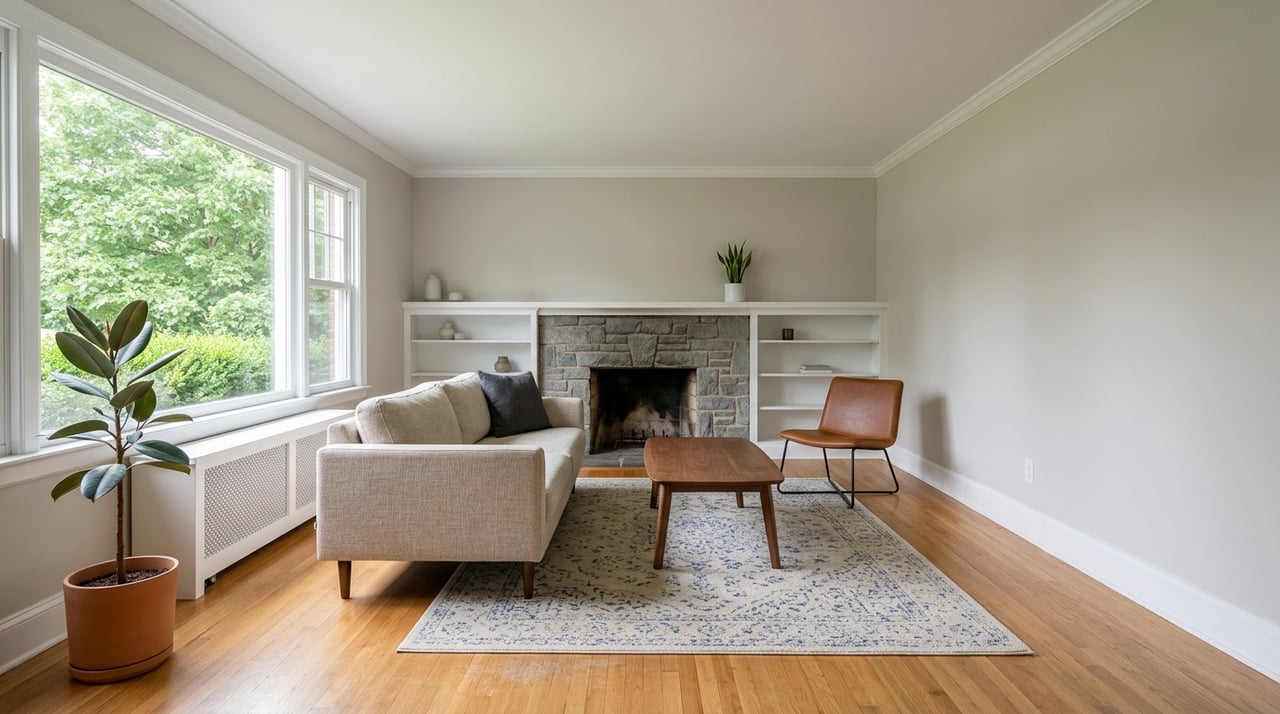 Living room with a fireplace and natural light from a window.