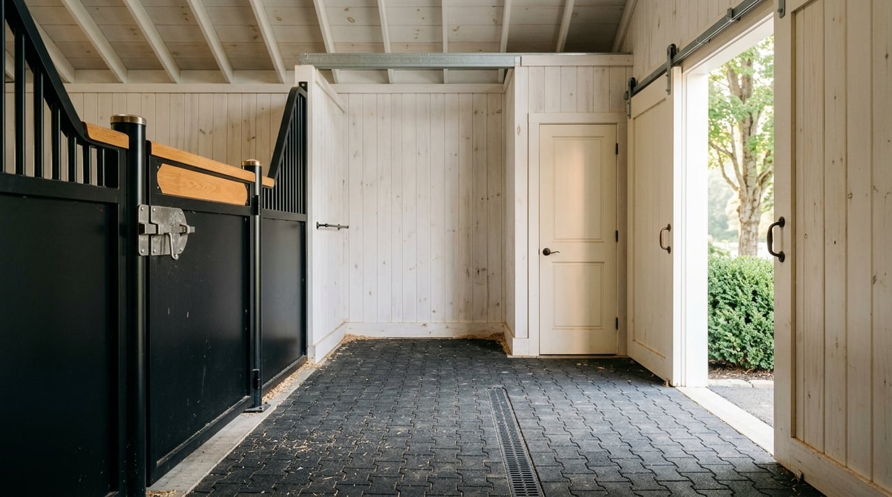Barn aisle beside a stall and tack-room doorway, with a narrow view of plants outside.