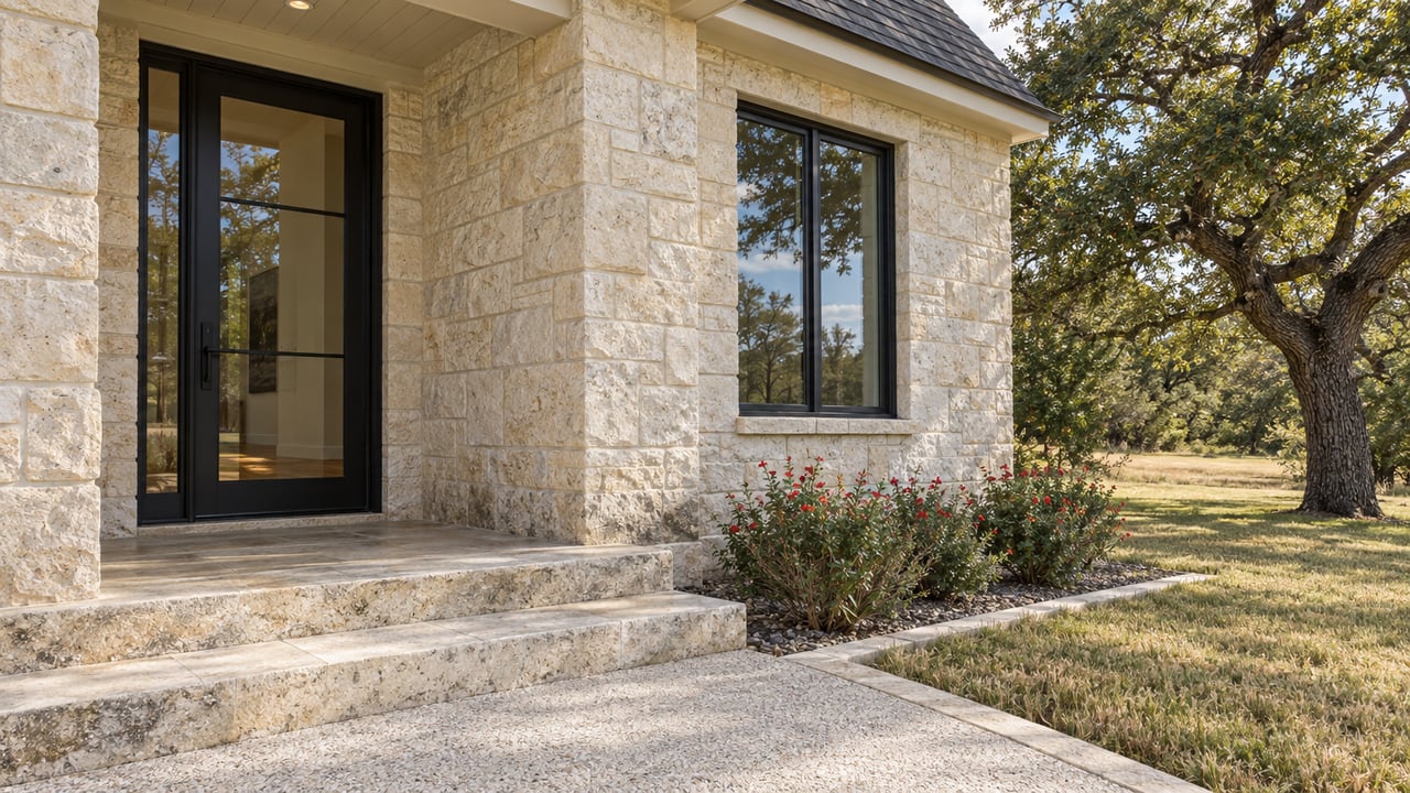 Limestone home entry with a black glazed door, broad stone steps, and a live oak beside an autumn-toned lawn.