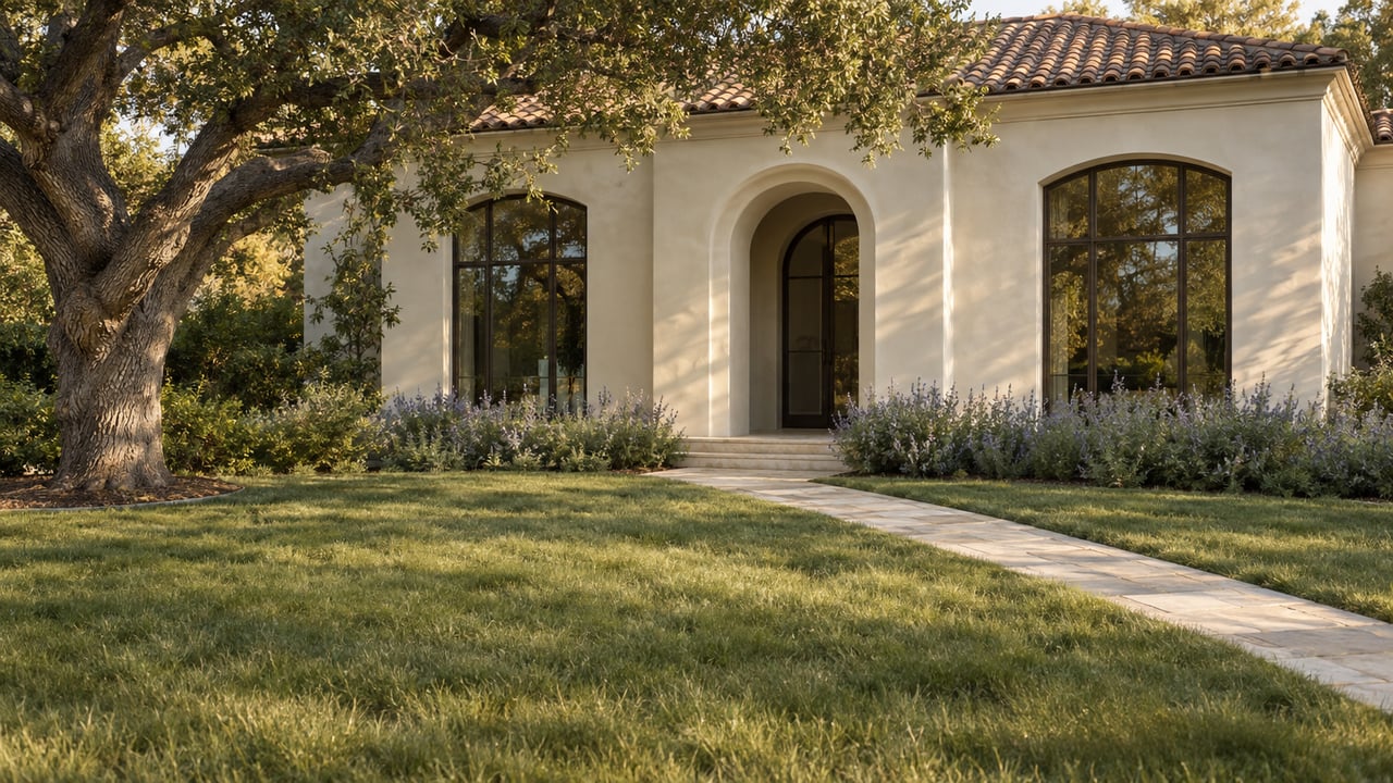 Cream-plaster home with an arched entry, dark-framed windows, and a stone path crossing the front lawn.