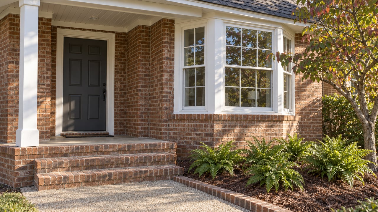 Sunlit brick home entry with a white-trimmed bay window, worn brick steps and an autumn dogwood beside a recessed planting bed.