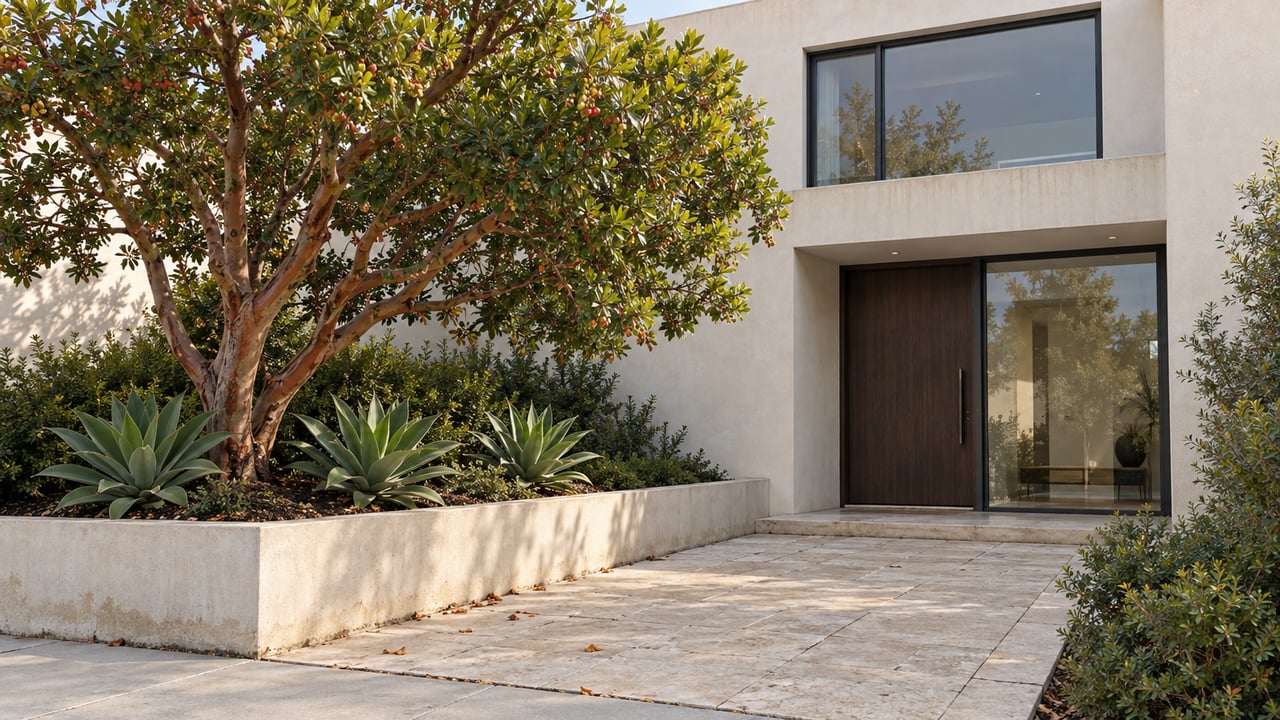 Compact stucco home with limestone entry paving, a cinnamon-barked tree, and three agaves in a raised planter.