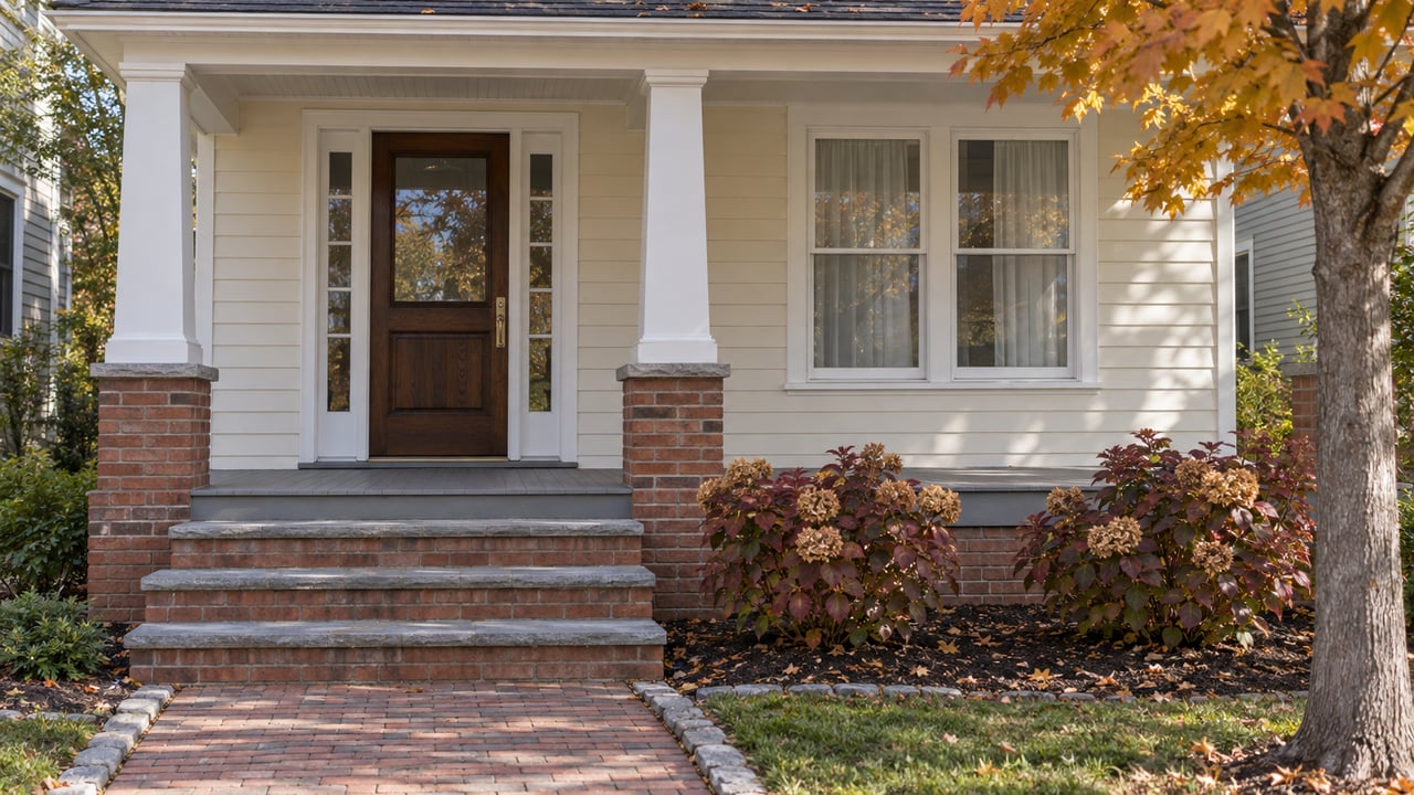 Cream clapboard home with a red-brick porch, dark oak door, white columns and autumn foliage beside a weathered brick walk.