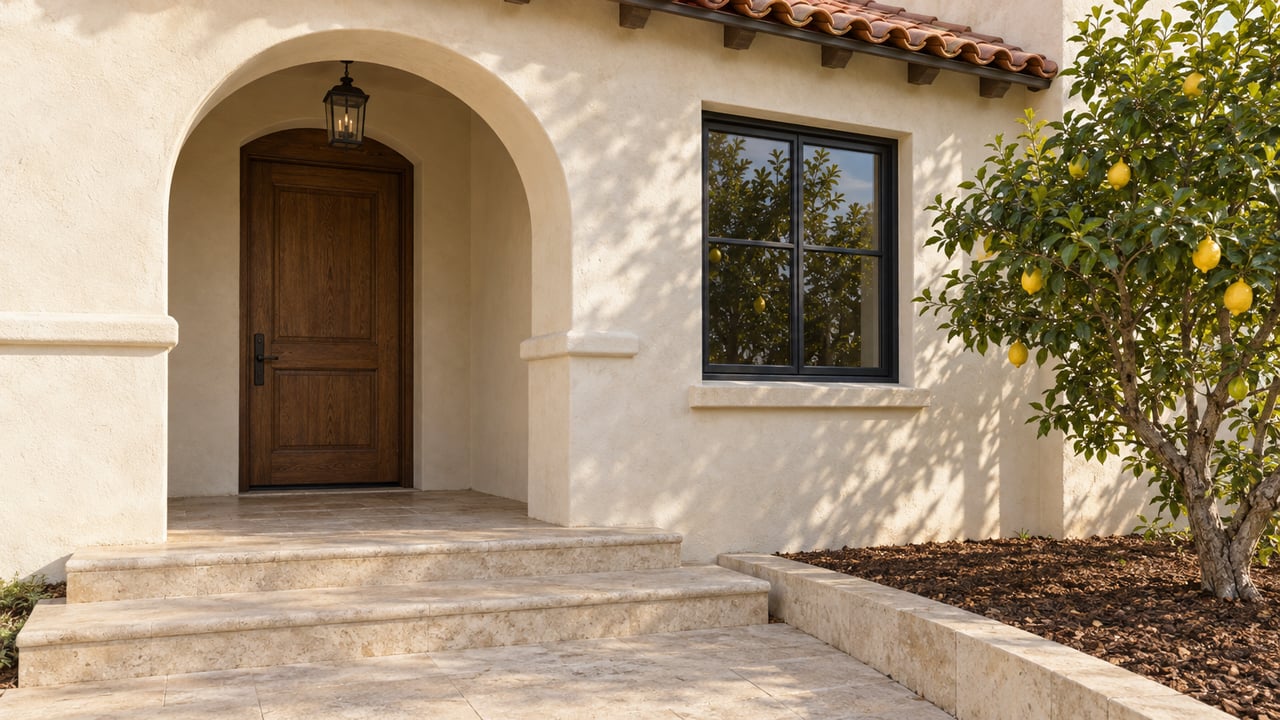 Warm cream stucco home entry with an arched porch, closed oak door, red clay roof tiles, limestone steps and a lemon tree.