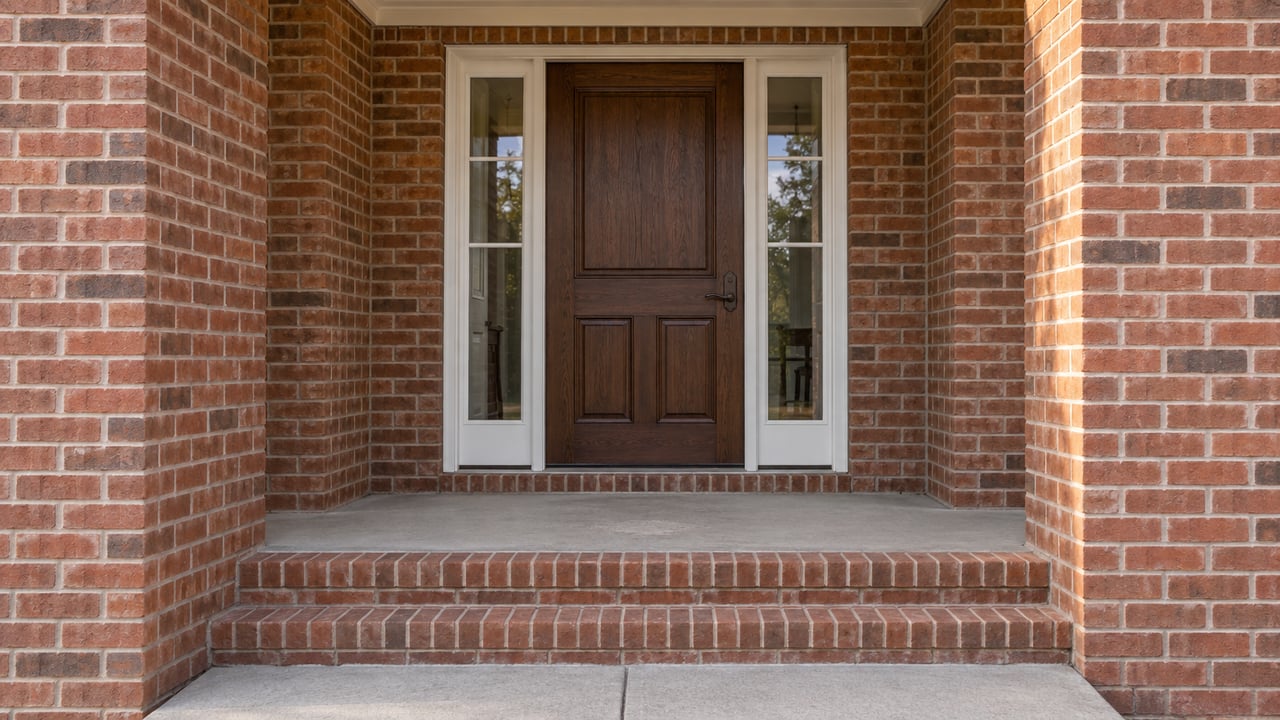 Brick home entry with a dark walnut door, paired white-framed sidelights, and two low brick steps.