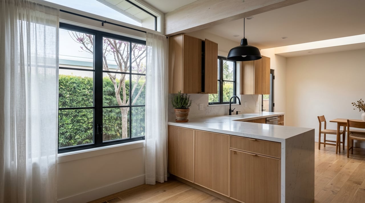 White oak kitchen island with a honed quartz counter faces a black steel window overlooking a clipped hedge and small tree.