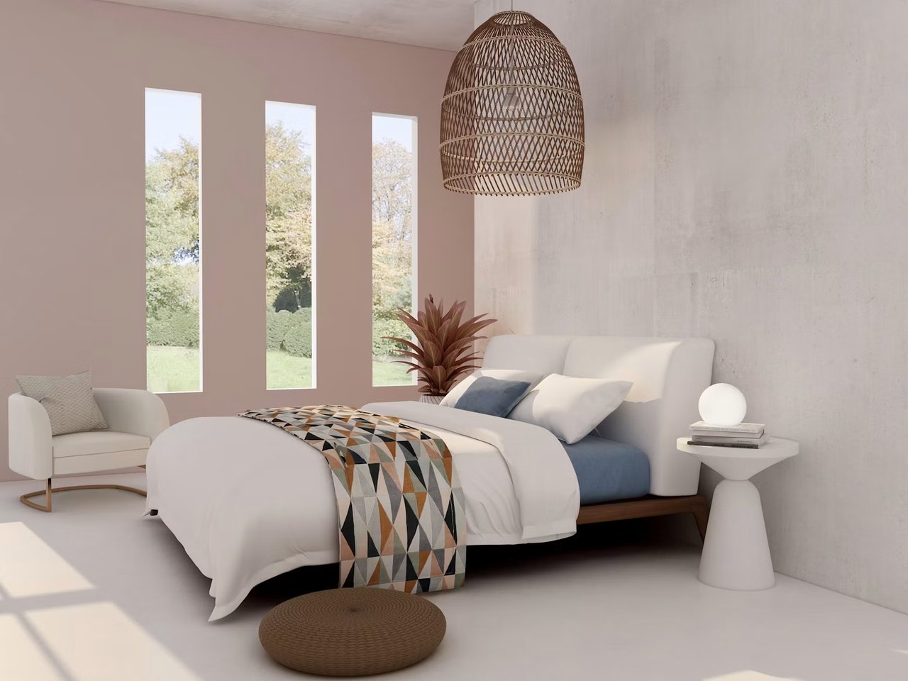 Staged bedroom with blue-and-white bedding, three narrow windows, and a woven pendant light.