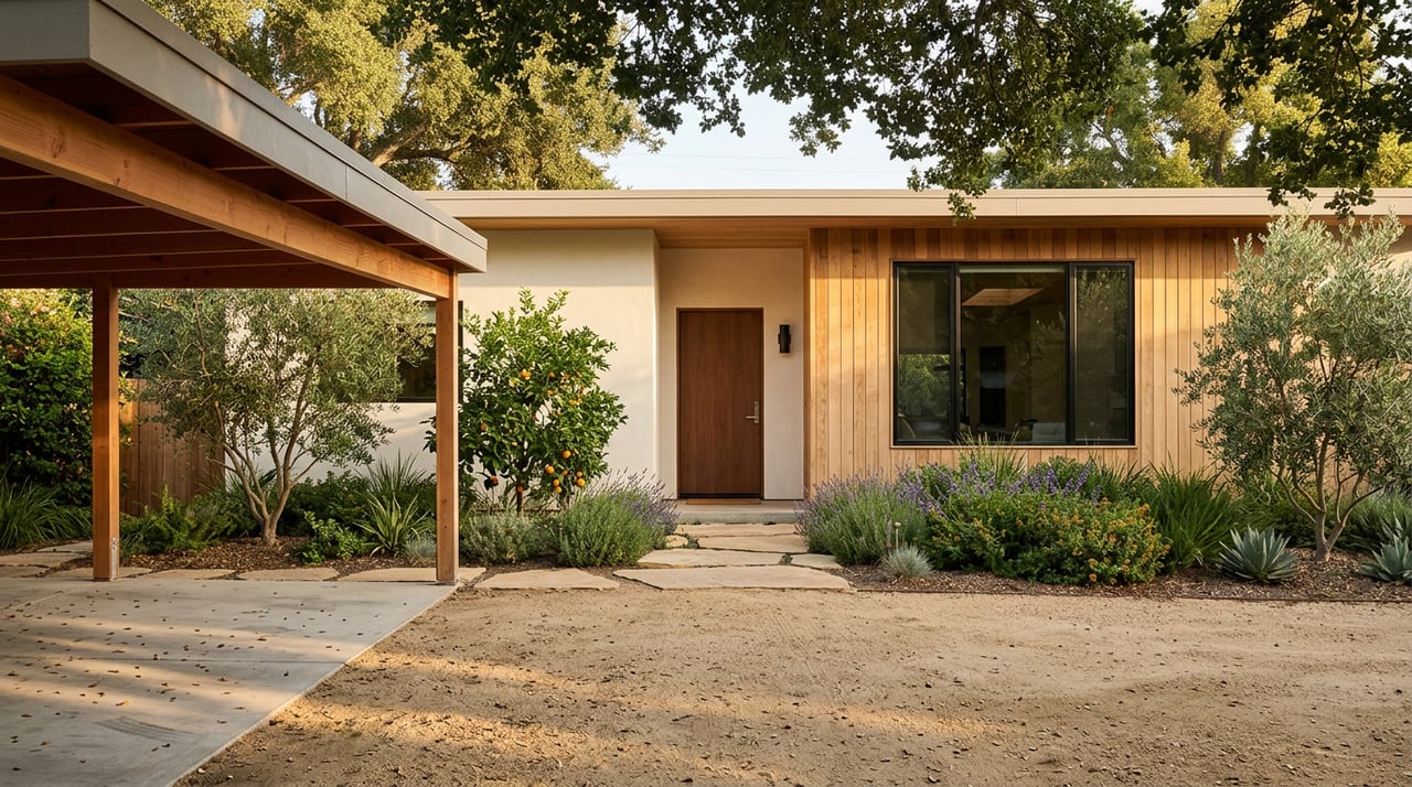 One-story mid-century home with a stucco and cedar facade, carport, and drought-tolerant landscaping beneath oak trees.
