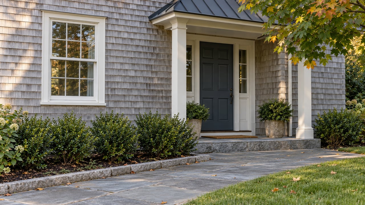 Silver-gray shingled house with a recessed blue-gray entry, bluestone walk, and maple leaves turning amber.