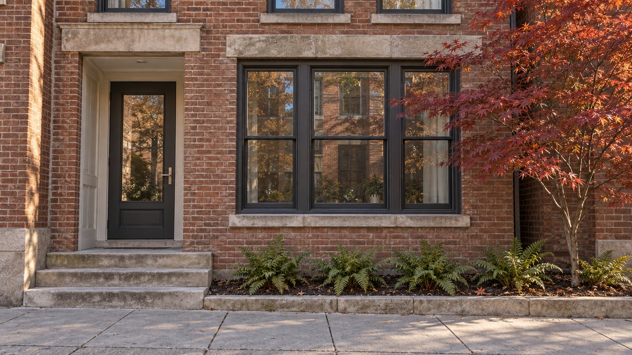 Renovated brick home with limestone entry steps, charcoal-framed windows, and a burgundy Japanese maple in a small curb-edged planting bed.