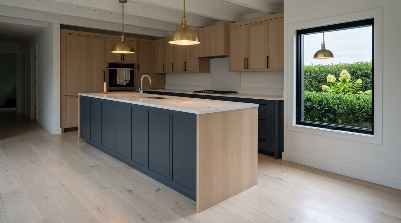 Kitchen with a charcoal-blue island, pale oak cabinetry, brass pendants, and a window overlooking clipped hedges and hydrangea.