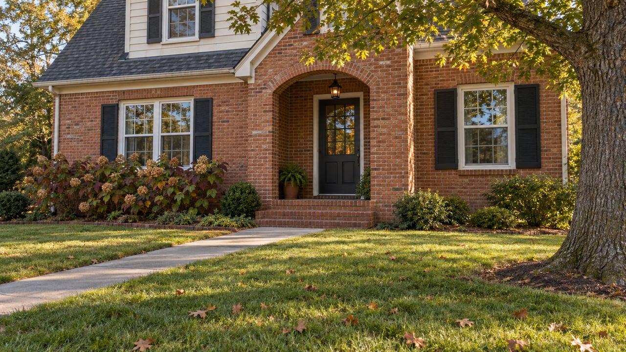 A traditional brick and cream-clapboard home with an arched porch, a deep green front lawn and a mature oak in afternoon light.