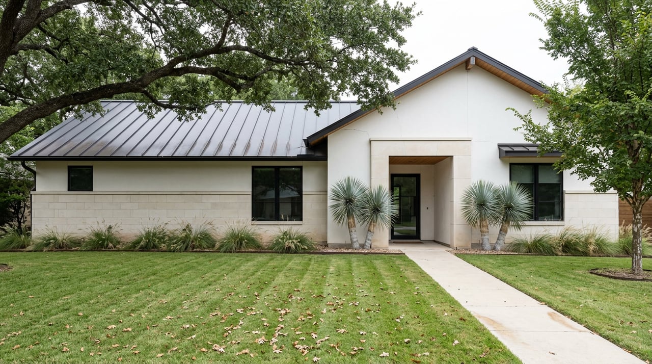 Hill Country modern home beyond a striped lawn, with a live oak canopy and yuccas flanking the entry.