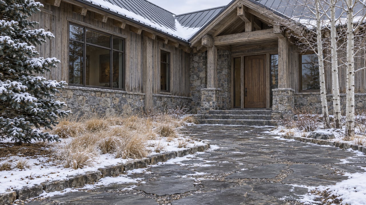 Early snow settles around a weathered timber home with a stone approach, metal roof, spruce tree and bare aspens.