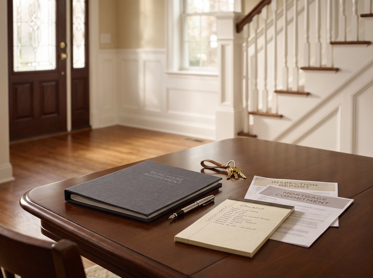 Bright foyer with a staircase, hardwood floors, and home purchase documents and keys on a table.