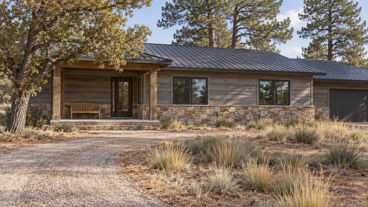 Ranch house with weathered siding, stone base, curved gravel drive, and mature pines.