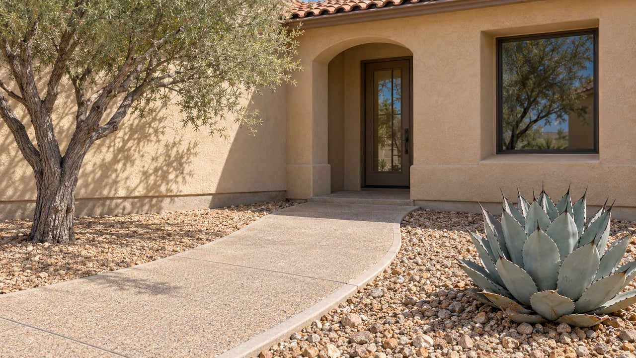 Sand-colored stucco home with a clay tile roof, curved concrete entry walk, sculptural ironwood tree, and blue-gray agave in a gravel garden.