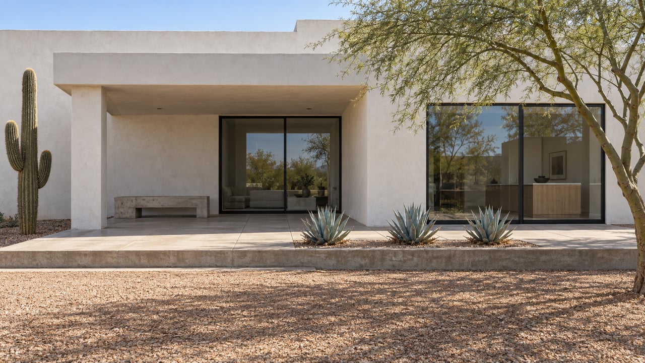 White stucco home with black-framed glazing, a shaded concrete terrace, and sculptural desert planting in a gravel arrival court.