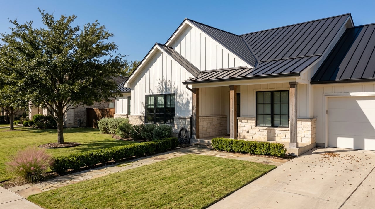 White-and-limestone home with two black metal gables, cedar porch posts, and a live oak beside the lawn.