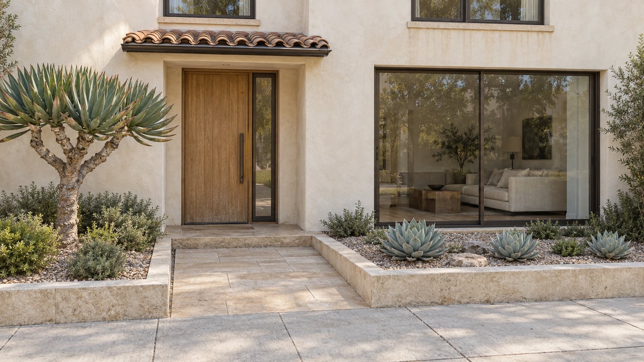 Ivory stucco residence with a recessed oak entry, bronze-framed glass doors, limestone approach, and sculptural succulent beds.