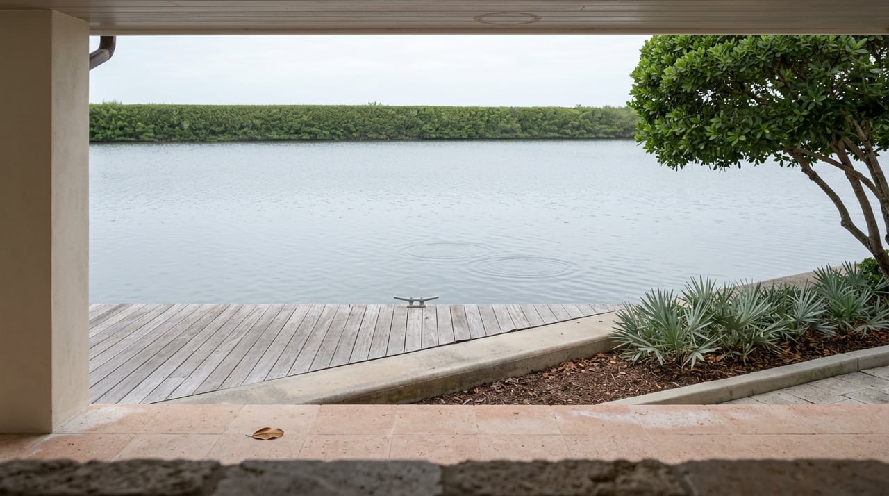 Hardwood dock extends across calm canal water toward a clipped hedge, viewed from a shellstone loggia.