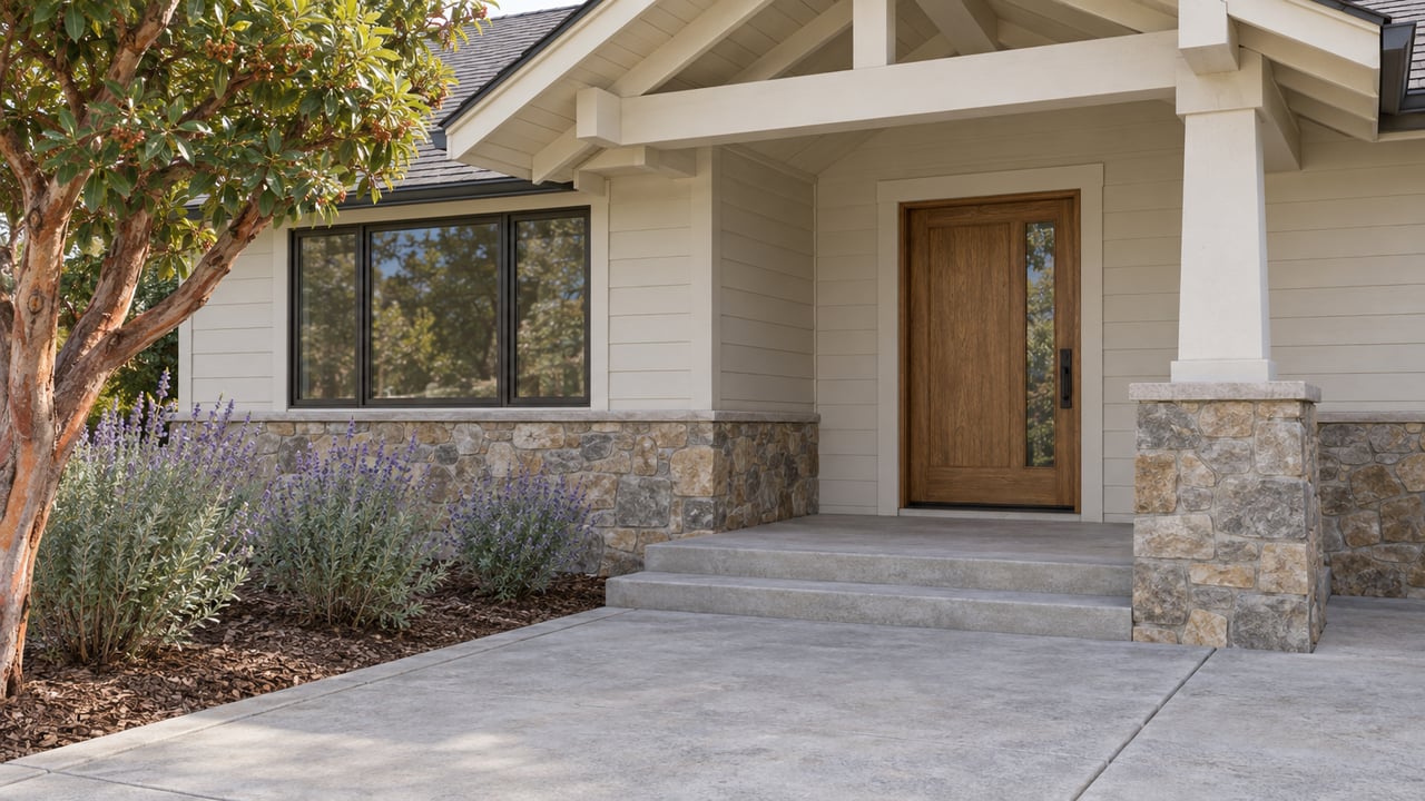Covered home entry with cream siding, stone column base, oak door and a broad concrete approach beside specimen planting.