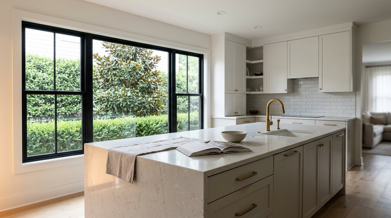 Kitchen island with veined white stone, a closed cookbook and ceramic bowl, backed by cabinetry and leafy windows.