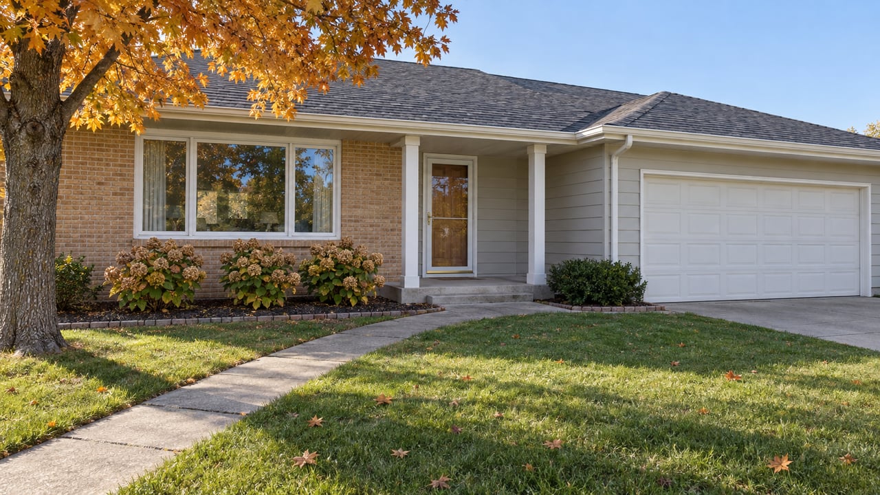 Autumn sunlight on a brick-and-gray-sided ranch home with a deep front lawn, covered entry and golden maple tree.