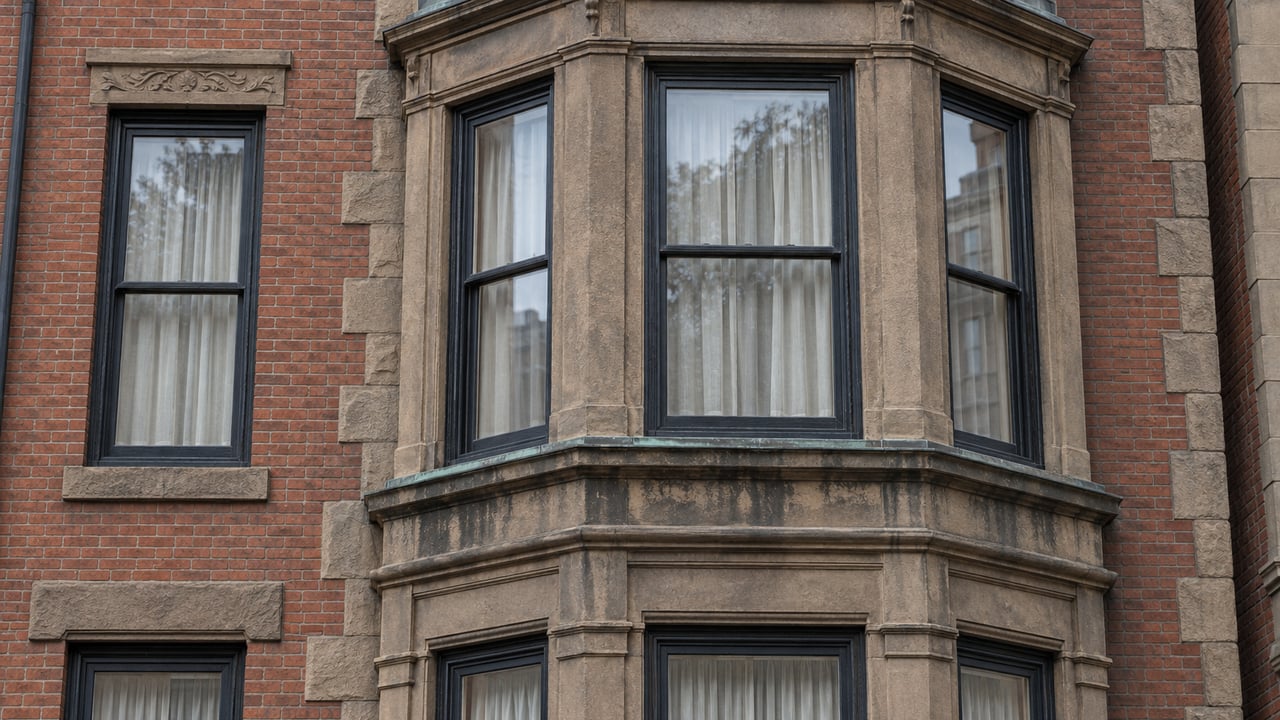 Weathered sandstone window bay and charcoal timber sash windows set into a red-brick residential facade.