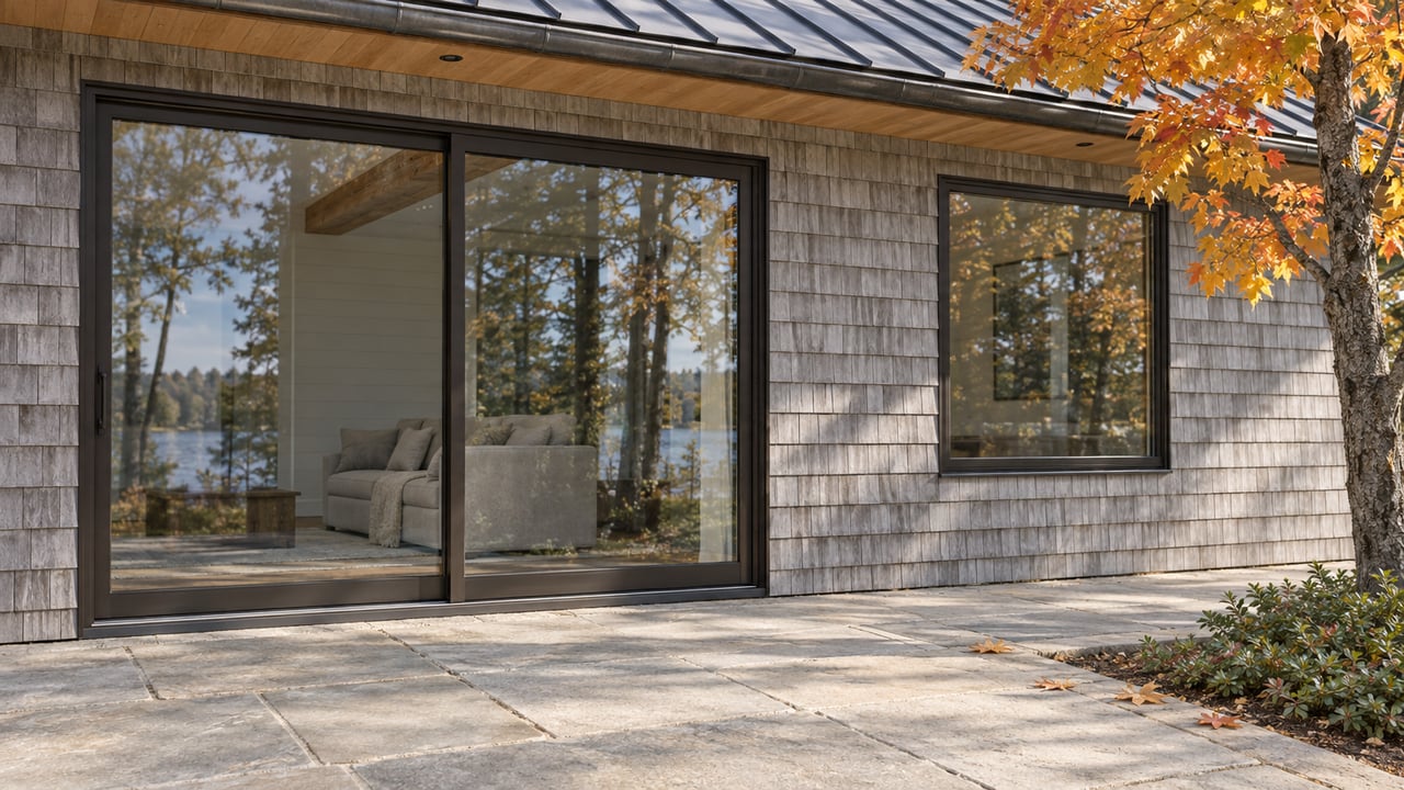 Cedar-shingled cottage with bronze-framed glass doors, a limestone terrace and an amber maple canopy.