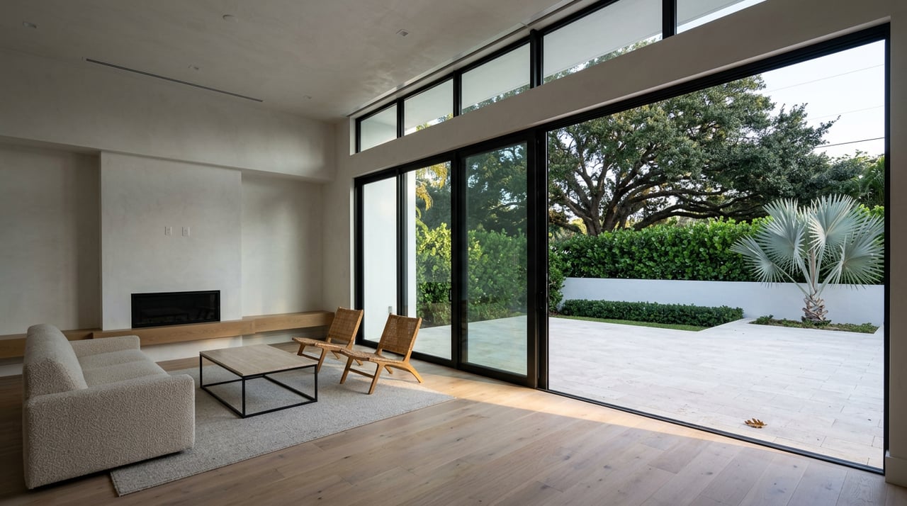 Double-height room with plaster fireplace, oak floor, and glass doors opening onto a leafy terrace.
