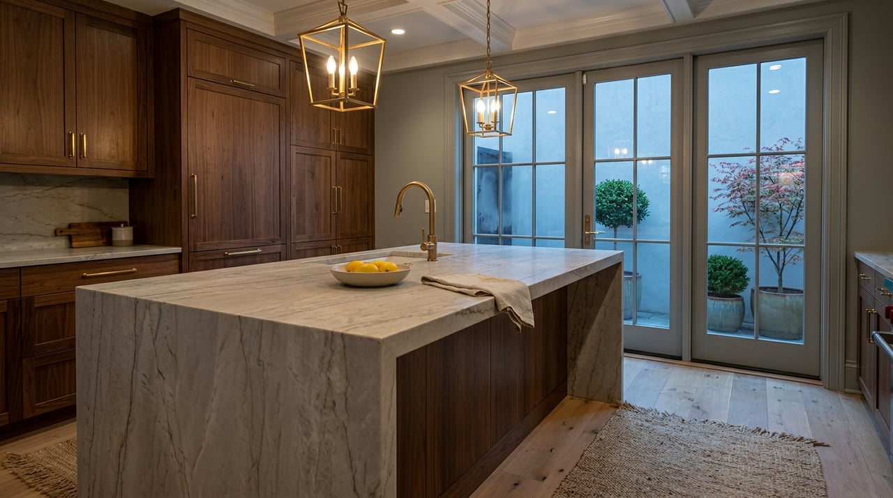 Veined kitchen island with lemons beneath brass pendants; blue dusk shows through glazed doors.