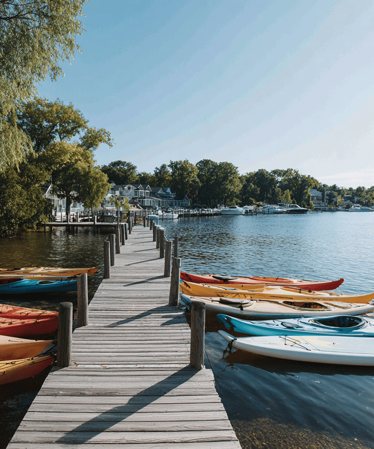Wooden dock lined with colorful kayaks on a sunny, tree-lined waterfront.