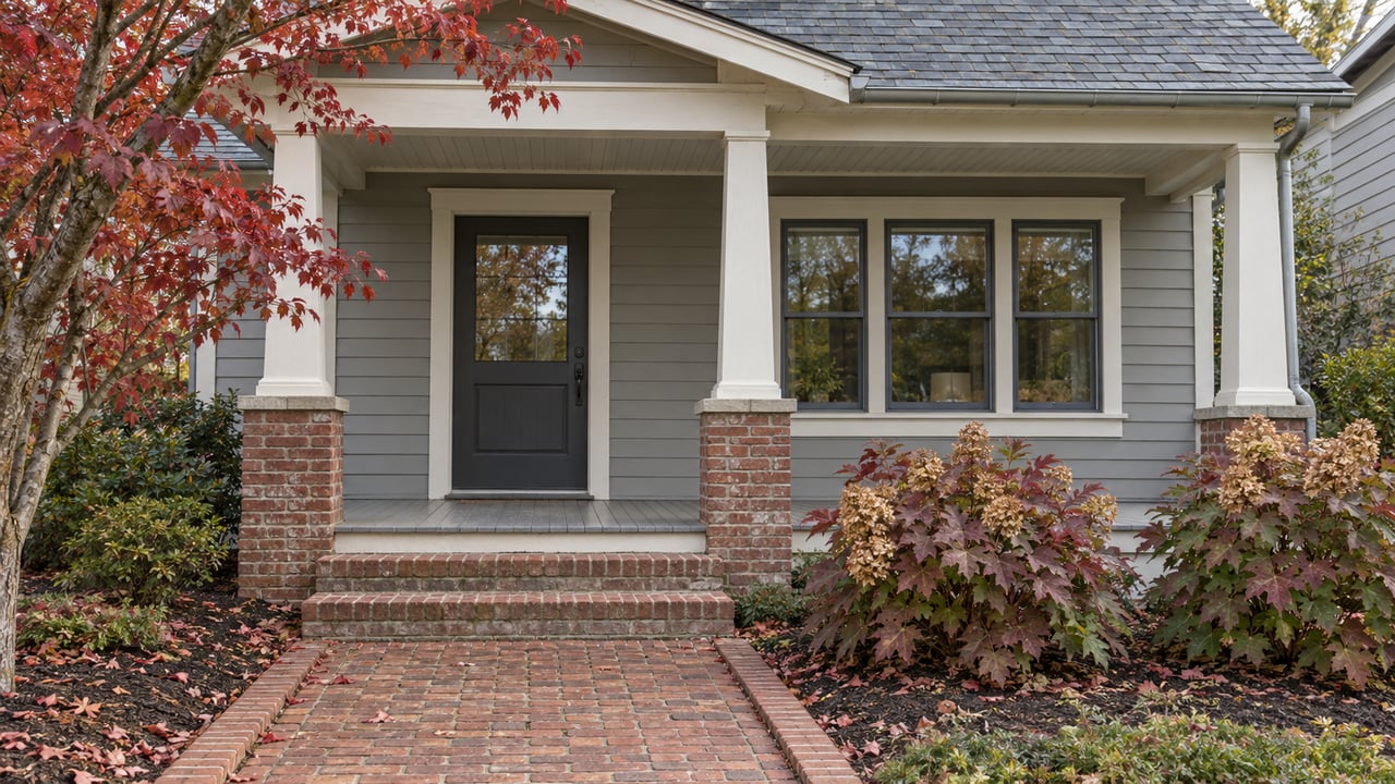 Renovated bungalow entrance with painted wood siding, brick steps and autumn dogwood and oakleaf hydrangea planting.