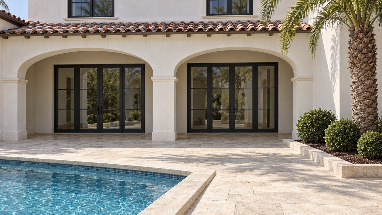 Sunlit white-stucco villa arcade with black-framed glass doors, pale limestone pool terrace and a single sculptural palm.